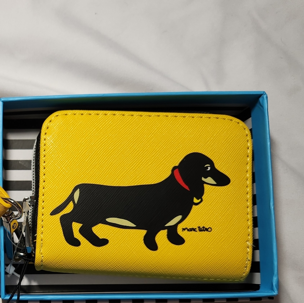 New Marc Tetro Yellow Dachshund Small Zippered Keychain Wallet
